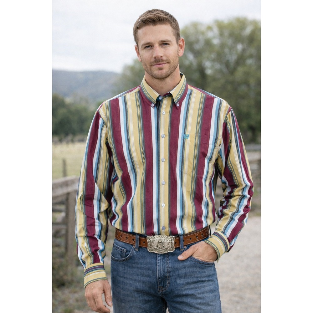Cinch Western Shirt Mens L Pink Yellow Stripe Cotton‎ Rodeo Cowboy Button Up